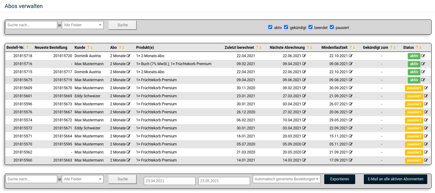 Abos verwalten: Bestell-Nr., Kunde, Abo, Zuletzt berechnet, Nächste Abrechnung, Mindestlaufzeit, Gekündigt zum, Status