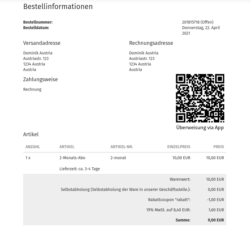 Bestellinformationen mit QR-Code