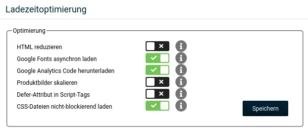HTML reduzieren: nein, Google Fonts asynchron laden: ja, Google Analytics Code herunterladen: ja, Produktbilder skalieren: nein, Defer-Attribut in Script-Tags: nein, CSS-Dateien nicht-blockierend laden: ja