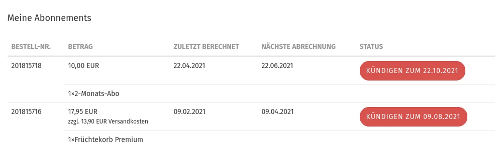 Meine Abonnements BESTELL-NR. BETRAG ZULETZT BERECHNET NÄCHSTE ABRECHNUNG STATUS mit Kündigen-Buttons