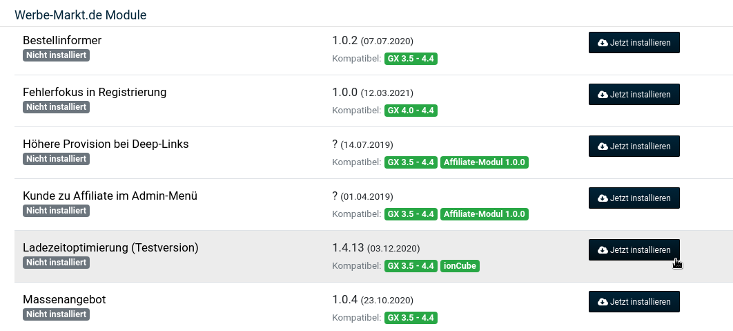 Werbe-Markt.de Module > Ladezeitoptimierung (Testversion) > Jetzt installieren