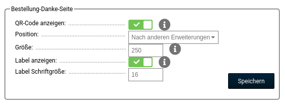 Bestellung-Danke-Seite, QR-Code anzeigen: ja, Position: Nach anderen Erweiterungen, Größe: 250, Label anzeigen: ja, Label Schriftgröße: 16