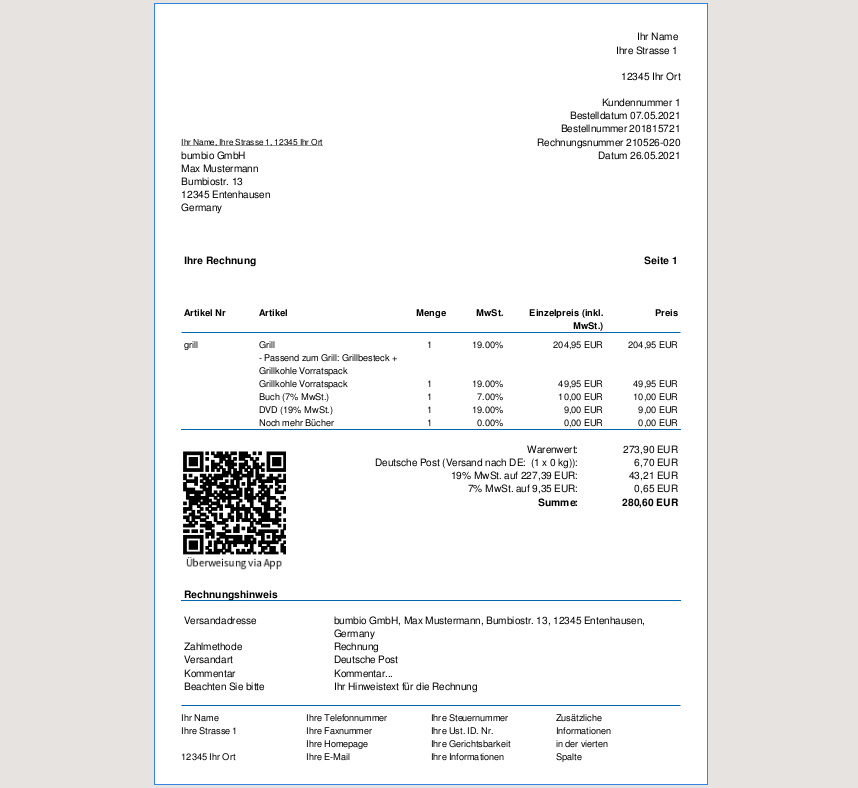 Rechnungs-PDF mit QR-Code und Untertitel Überweisung via App