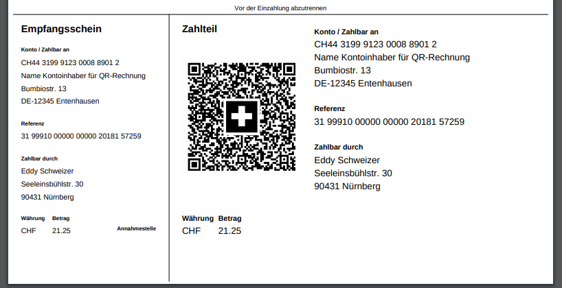 Empfangsschein und Zahlteil einer QR-Rechnung mit Beispieldaten