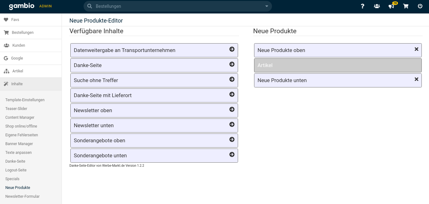 Neue Produkte-Editor: Verfügbare Inhalte Auflistung link, Neue Produkte mit 2 Inhalten rechts