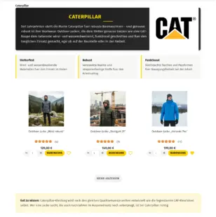 Herstellerseite für die Marke Caterpillar mit Produktübersicht und Mehr-anzeigen-Button