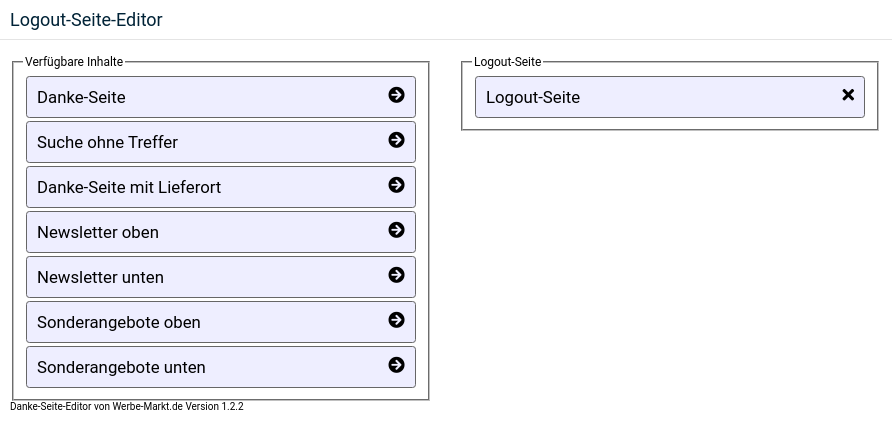 Logout-Seite-Editor: Linke Spalte zeigt verfügbare Inhalte, rechte Spalte Inhalte der Logout-Seite