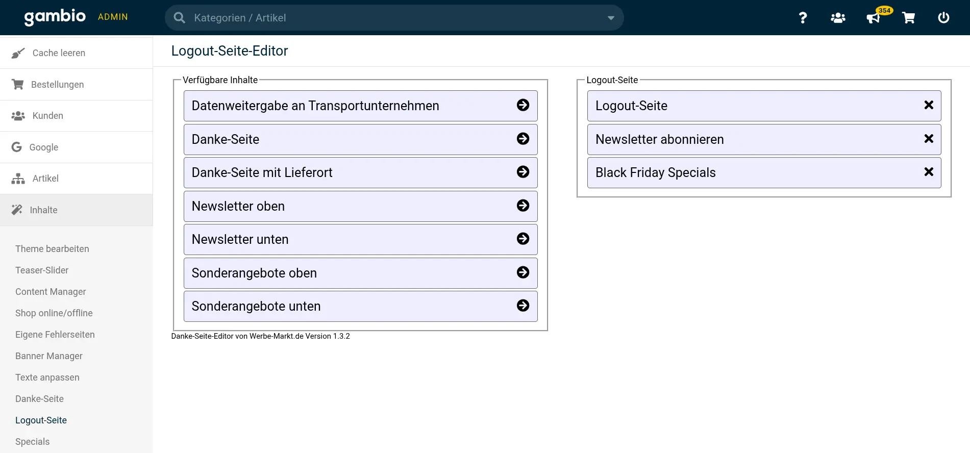 Logout-Seite-Editor: Linke Spalte zeigt verfügbare Inhalte, rechte Spalte Inhalte der Logout-Seite