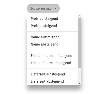 Auswahlfeld Sortieren nach Preis aufsteigend, Preis absteigend usw.