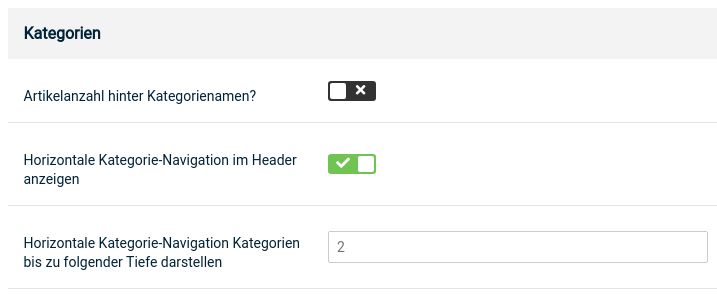 Kategorien: Horizontale Kategorie-Navigation Kategorien bis zu folgender Tiefe darstellen: 2