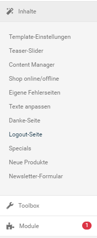 Admin Menu Punkt Inhalte mit Untermenupunkten