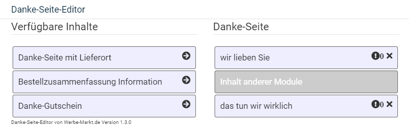 Auswahl der verfügbaren Inhalte links für die Danke Seite rechts