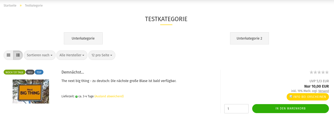 Testkategorie mit Unterkategorien, Filter- und Sortieroptionen sowie einem Artikel