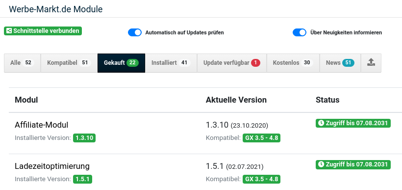 Werbe-Markt.de Module: Aktiver Zugriff auf Affiliate-Modul und Ladezeitoptimierung