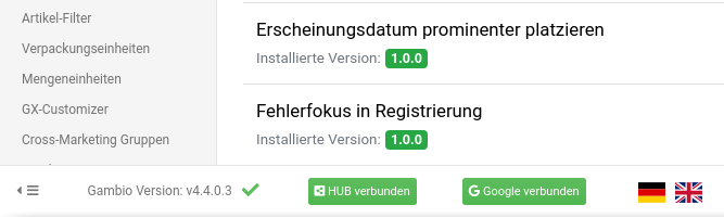 Gambio Version: v4.4.0.3, HUB verbunden, Google verbunden