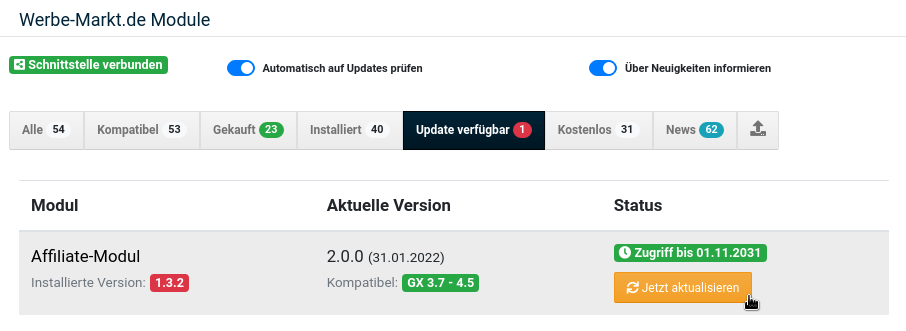 Werbe-Markt.de Module: Jetzt aktualisieren Button