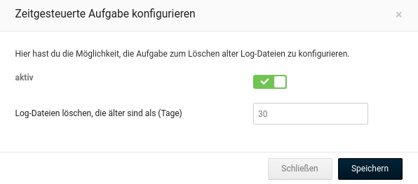 Zeitgesteuerte Aufgabe konfigurieren Hier hast du die Möglichkeit, die Aufgabe zum Löschen alter Log-Dateien zu konfigurieren. aktiv Log-Dateien löschen, die älter sind als 30 (Tage)