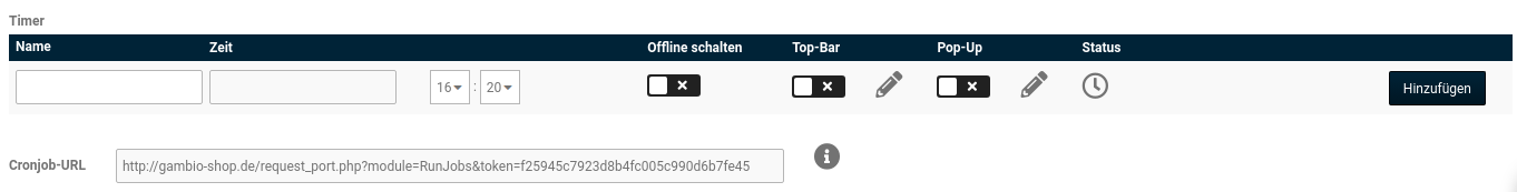 Timer Name Zeit Offline schalten Top-Bar Pop-Up Status