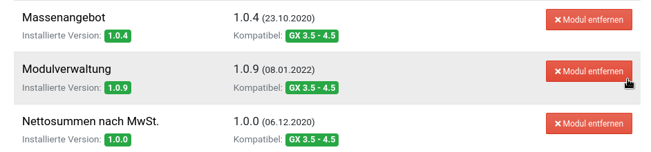 Modulverwaltung "Modul entfernen"