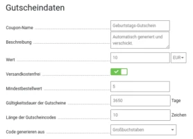 Gutscheindaten Eingabemaske