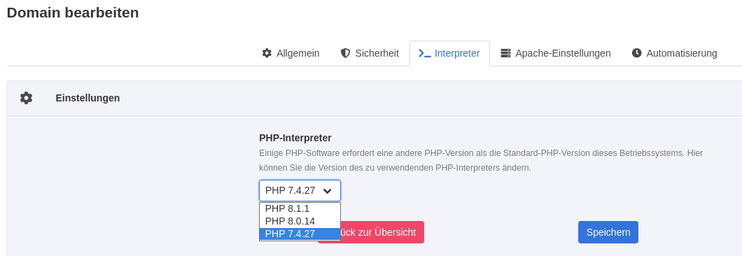 Domain bearbeiten > PHP-Interpreter > Auswahlfeld mit Option PHP 7.4.27