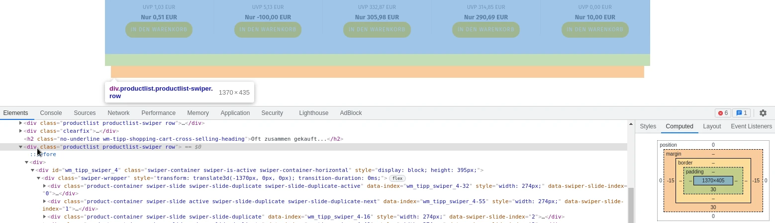 Swiper-Div in Entwicklerkonsole