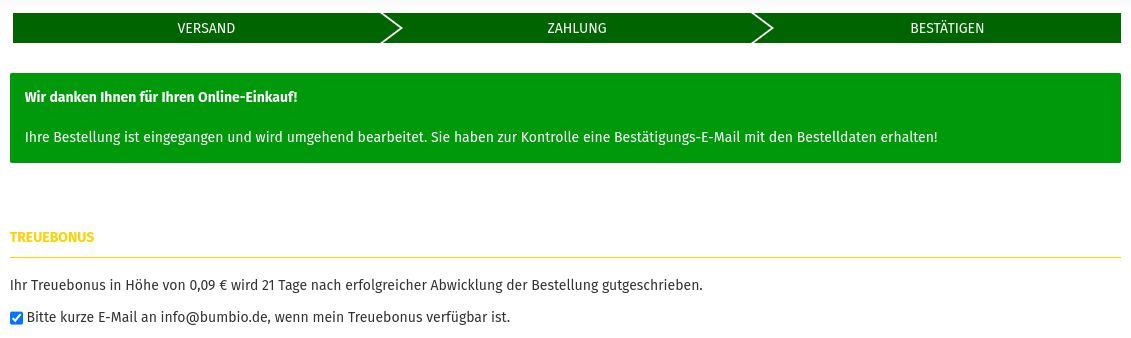 Kontrollkästchen: Bitte kurze E-Mail an info@bumbio.de, wenn mein Treuebonus verfügbar ist.