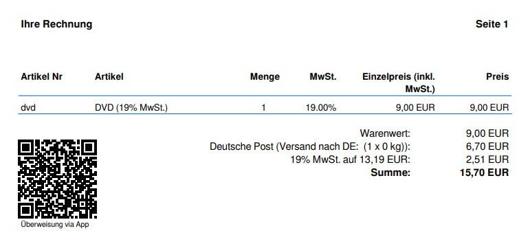 Ihre Rechnung Seite 1, Beispielartikel und QR-Code links von Summe etc.