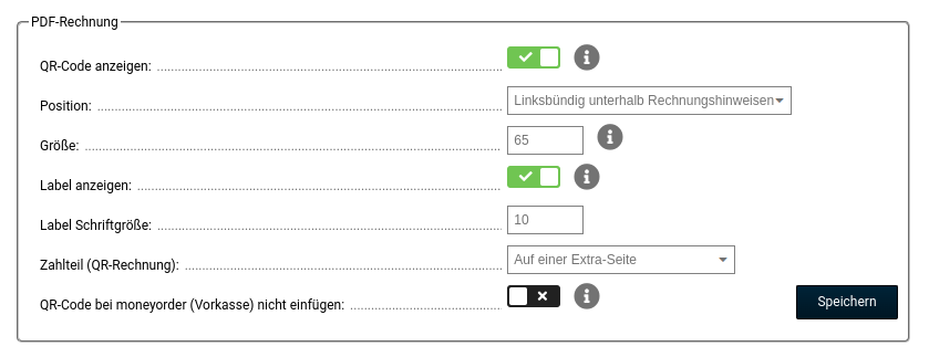 QR-Code anzeigen: Position: Linksbündig unterhalb Rechnungshinweisen Größe: 65 Label anzeigen: ja Label Schriftgröße: 10 Zahlteil (QR-Rechnung): Auf einer Extra-Seite QR-Code bei moneyorder (Vorkasse) nicht einfügen nein