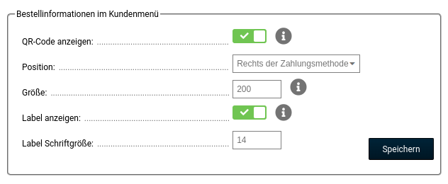 Bestellinformationen im Kundenmenü QR-Code anzeigen: ja Position: Rechts der Zahlungsmethode Größe: 200 Label anzeigen: ja Label Schriftgröße: 14