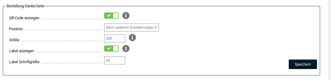 Bestellung-Danke-Seite, QR-Code anzeigen: ja, Position: Nach anderen Erweiterungen, Größe: 250, Label anzeigen: ja, Label Schriftgröße: 16