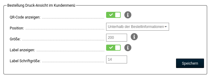 Bestellung Druck-Ansicht im Kundenmenü QR-Code anzeigen: ja Position: Unterhalb der Bestellinformationen Größe: 200 Label anzeigen: ja Label Schriftgröße: 14