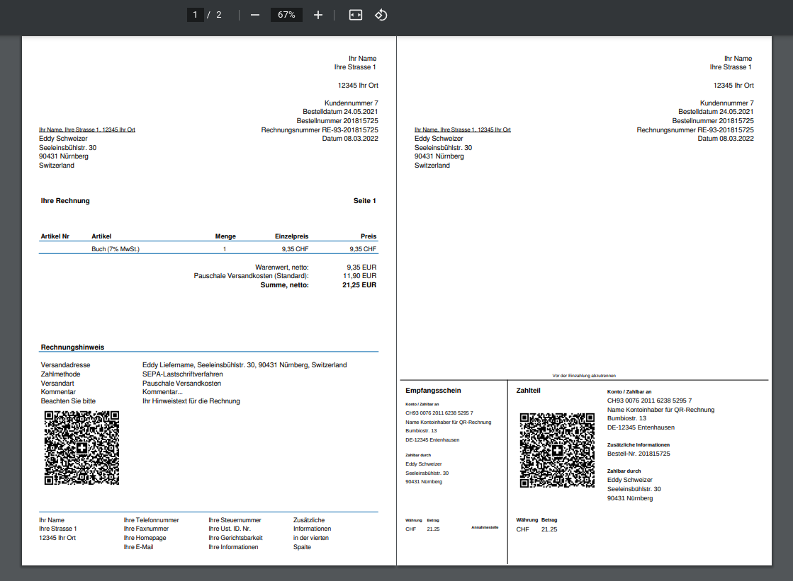 PDF-Rechnung mit QR-Code linksbündig und abtrennbarem Zeilteil auf 2.Seite