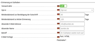 Erinnerung an Guthaben: Versand aktiv, Opt-in, Mindestabstand zur Bestätigung der Gutschrift, Mindestabstand zu letzter Erinnerung, Absender E-Mail-Adresse, Absender Name, Betreff, E-Mail-Vorlage