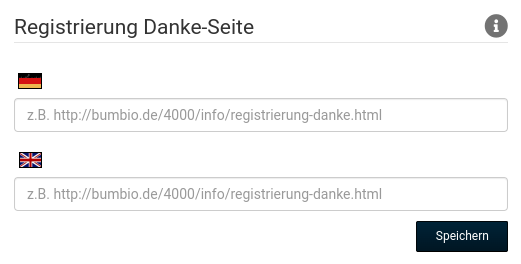 Registrierung Danke-Seite mit Eingabefeldern für deutsch und englisch