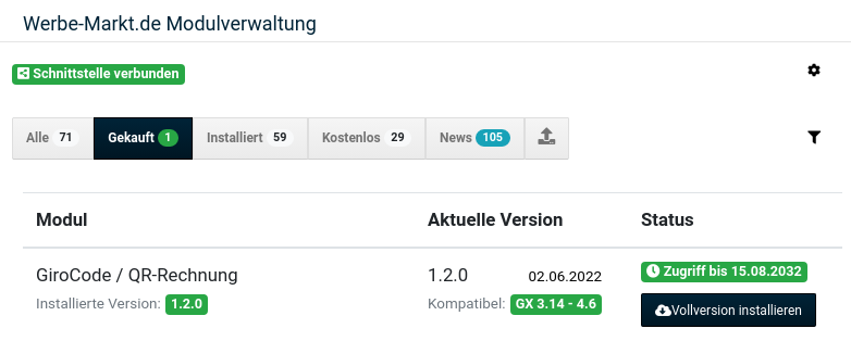Vollversion installieren Button beim GiroCode / QR-Rechnung in der Modulveraltung