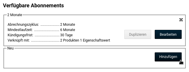 Verfügbare Abonnements: Hinzufügen-Button