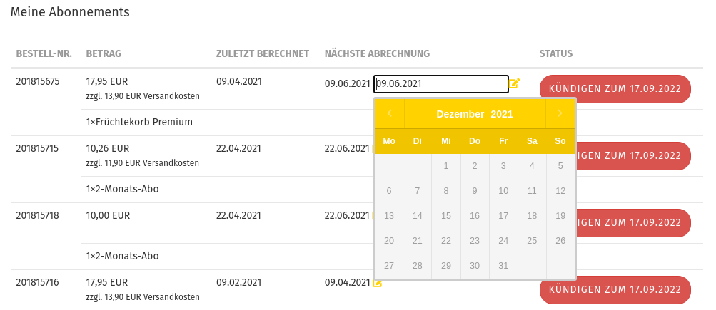 Datumsauswahl in "Meine Abonnements"