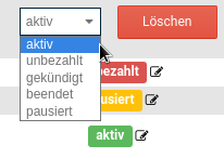 Status-Auswahl (aktiv, unbezahlt, gekündigt, beendet, pausiert)