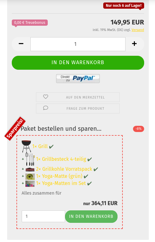 Paketauflistung unterhalb des Warenkorb-Buttons