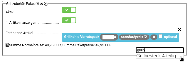 Grillzubehör-Paket: Eingabe eines Produktnamens, Autovervollständigung und Hinzufügen