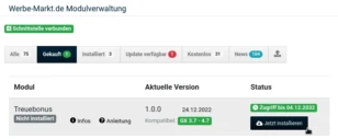 Treuebonus in der Werbe-Markt.de Modulverwaltung, Mauszeiger auf Installieren-Button