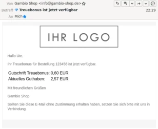 💎 Treuebonus ist jetzt verfügbar: Hallo Ute, Ihr Treuebonus für Bestellung 123456 ist jetzt verfügbar. 