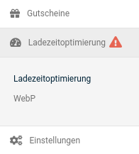 Warnsymbol im Admin-Menüpunkt Ladezeitoptimierung