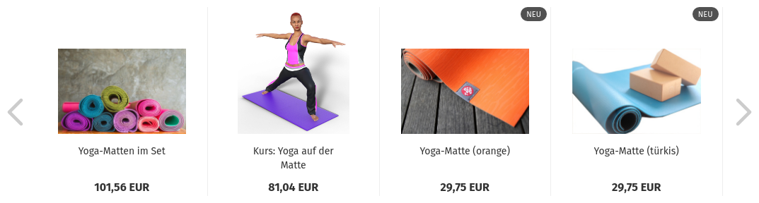 Bilder, Artikelnamen und Preise von 4 Yogamatten nebeneinander