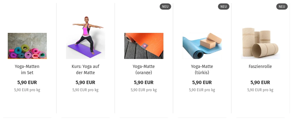 Gekachelte Produktliste mit 5 Demo-Artikeln