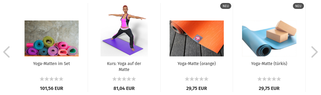 4 Yoga-Matten mit Bild, Preis und Bewertungssternchen nebeneinander.