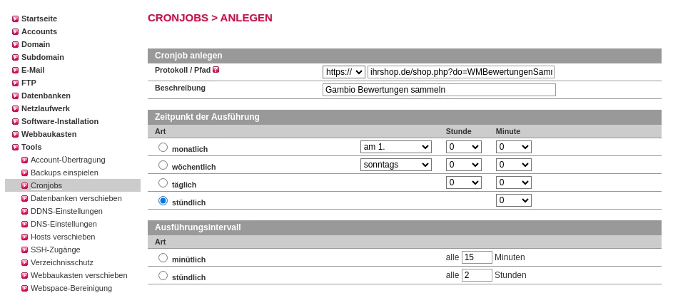 Cronjob anlegen Formular im KAS