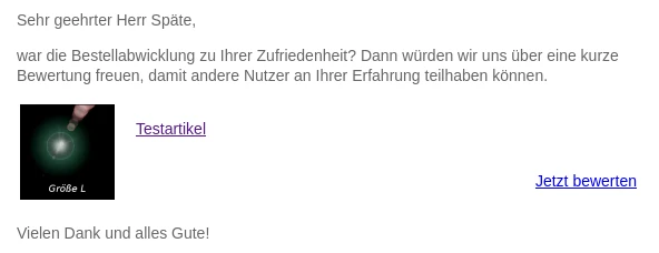 E-Mail mit einem Beispielartikel und Bewertungslink