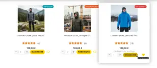 Mengeneingabe, Warenkorb-Button und Merkzettel-Herz bei einer Outdoor-Jacke in der Produktkachel